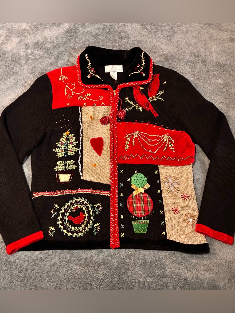 Lisa International Christmas Collection Cardinal Sequin Beaded Zip Up Sweater L